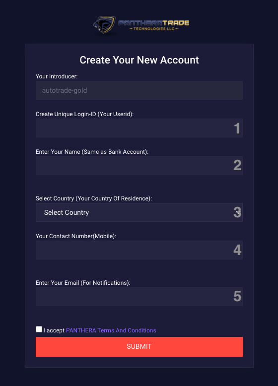 registration form pantheratrade autotrade gold